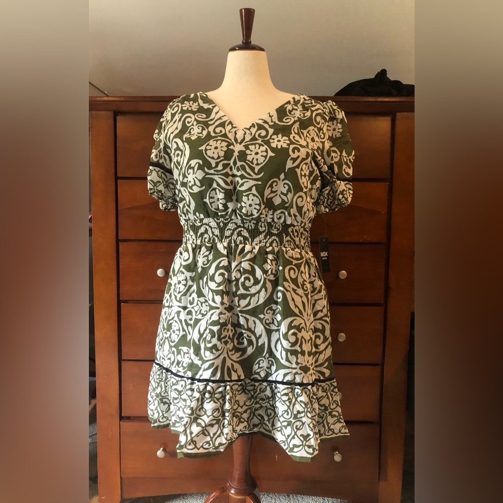 MSK Olive Green and White Printed Midi Dress